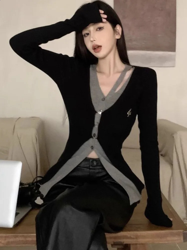 QWEEK Y2K Coquette Knitted Black Sweater Womens Alphabet Printing Korean Fashion Kpop Satin Slimming Top Autumn 240821