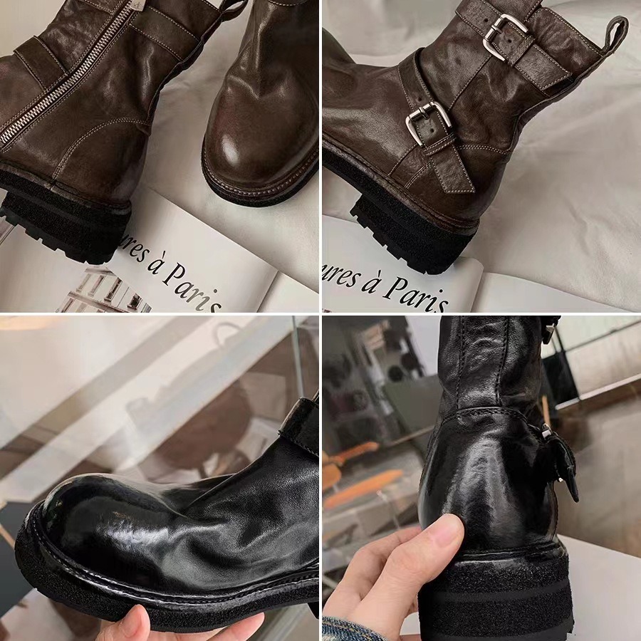 Ddmysports Same Style As Su Yinyin Annual Combat Boots Washed Wrinkle Orse Leather Buckle Strap Thick Eel Martin Short Women S Motorcycle OUTDOOR