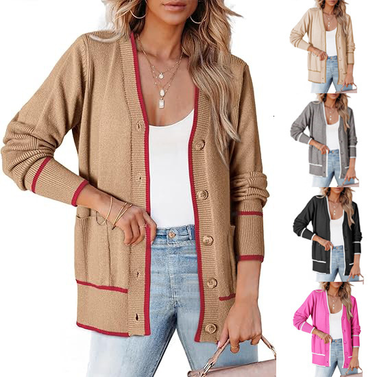2024 Temu Xiyin Autumn/Winter New Women's Knitted Button Coat Color blocked Sweater Pocket cardigan