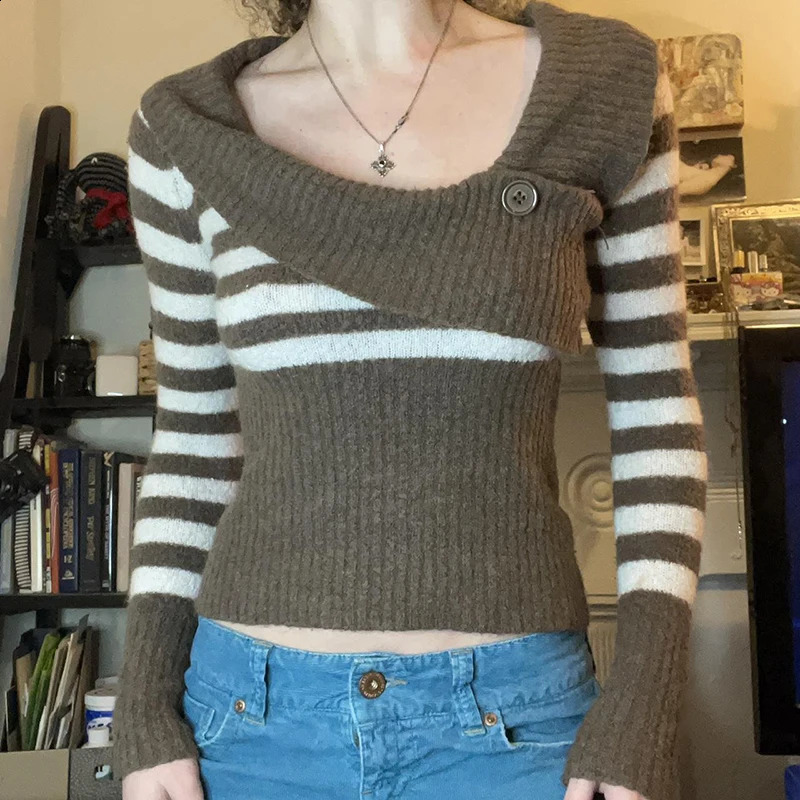 Rapcopter y2k striped knitted sweater asymmetrical full sleeve floral womens retro prefabricated casual skydiving warm winter clothes 240821