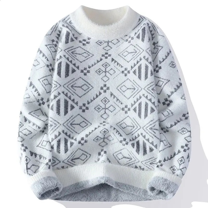 Mens Autumn Winter Korean Slim Trendy Sweater Round Neck Standard Bottom Printed Long Sleeved Pullover Casual Knitted Tops 240821