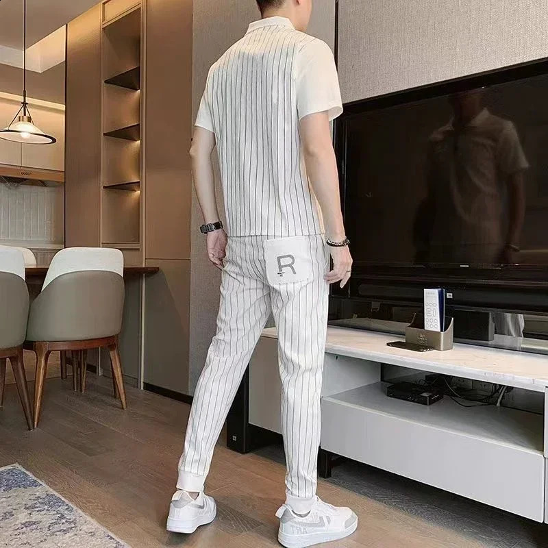Top Jogging T Shirt Man Jogger Mens Clothing White Pants Sets Striped Tracksuit Smooth Sports Suits Short Quarter Sleeve Casual 240821