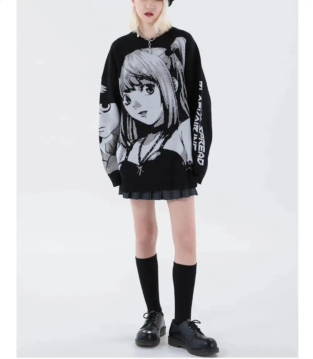Anime Graphic Letter Print Pullover SweaterCute Long Sleeve Crew Neck SweaterWomens Clothing 240821