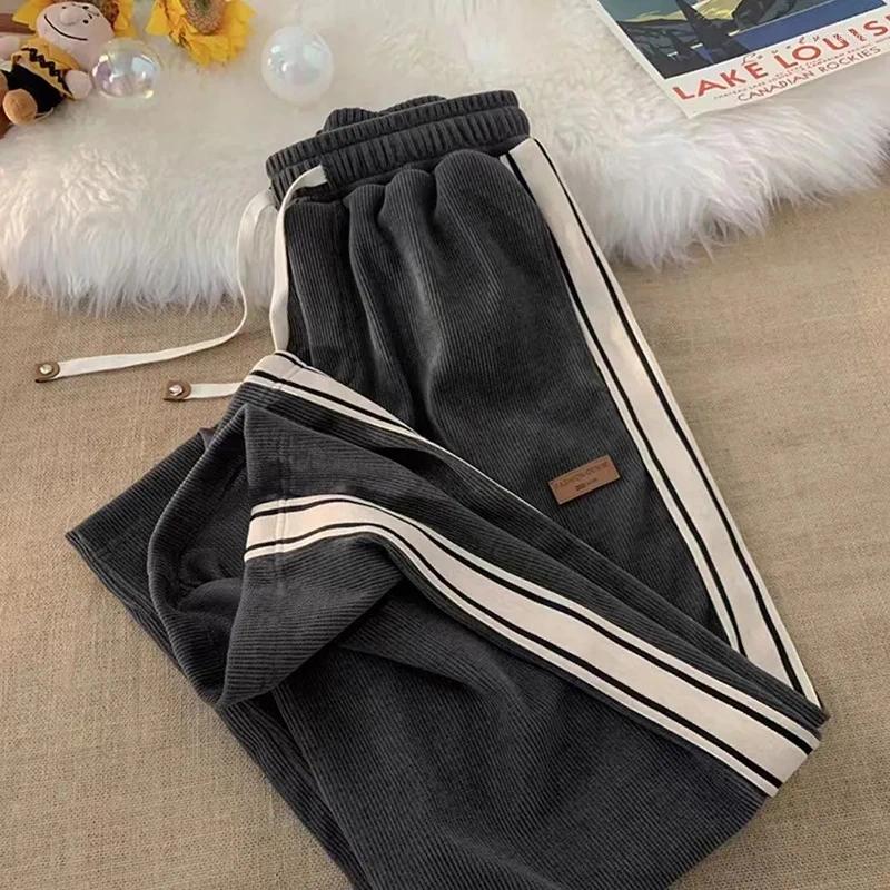 Womens Pants Fall Striped Corduroy Sweatpants Women Winter Thick High Waist Drawstring Wide Leg Trousers Y2K Korean All-Match Straight