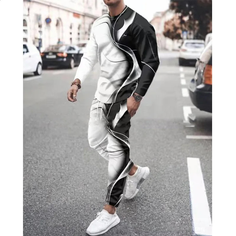 Autumn mens long sleeved T-shirt set sports pants 3D printed casual mens clothing fashionable oversized sportswear 2-piece set 240827