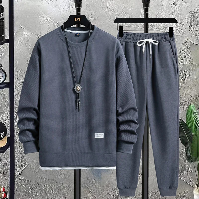 Mens casual suit long sleeved top and S-3XL pants high-quality solid color set 240827