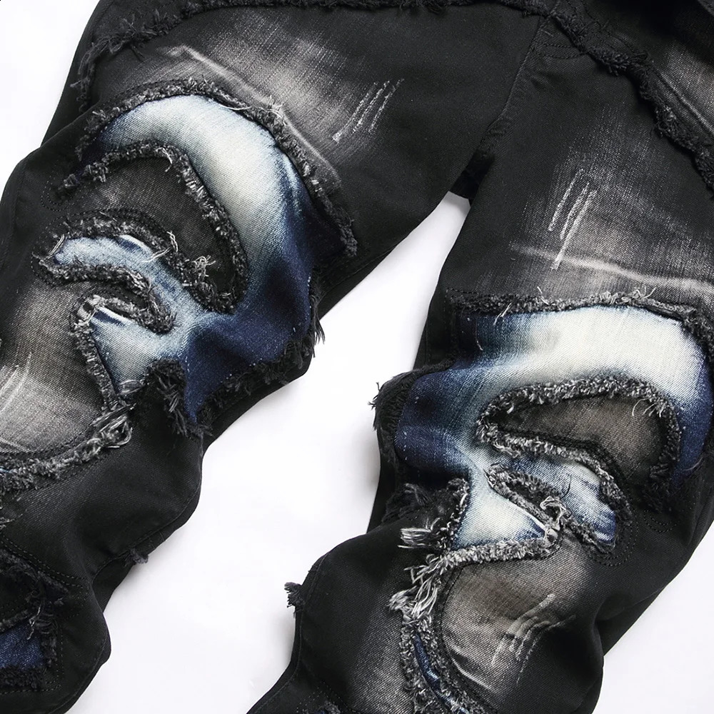 Men Patch Patchwork Stretch Denim Jeans Streetwear Ripped Slim Straight Pants Fringe Distressed Trousers Black Blue 240821