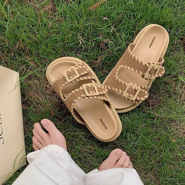 Ddmysports Grape Mom S Versatile Same Style One Step Open Toe Double Breasted Lazy Thick Sole Eightened Boken Slippers Women Summer Genuine Leather OU