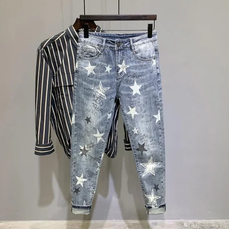 Trousers Star Man Cowboy Pants Cropped Elastic Mens Jeans Stretch Light Blue with Print Clothes Y2k 2000s Spring Autumn Washed 240821