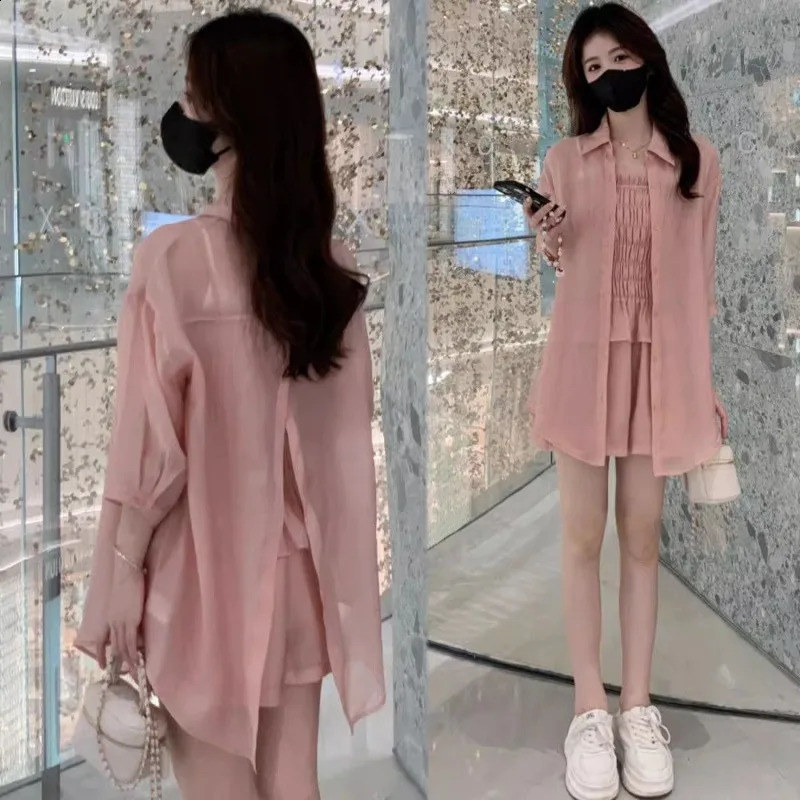 Women Summer Simplicity Office Lady Temperament Solid Color 3/4 Sleeve Shirts Women Clothes Casual All-match Sling Shorts Suit 240820