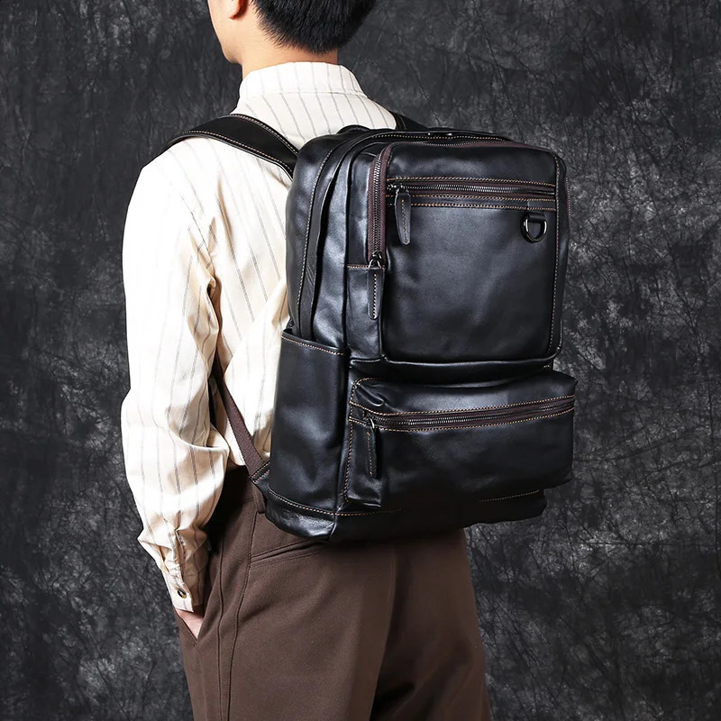 Mens leather backpack top layer denim large capacity travel bag casual school simple computer 240820