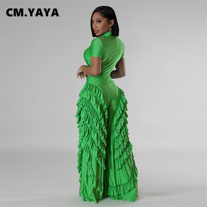 CM.YAYA Fashion Women Mult Ruffles Short Sleeve Zipper Fly Wide Leg Shirt Jumpsuit 2024 Streetwear Romper One Piece Set Playsuit 240820