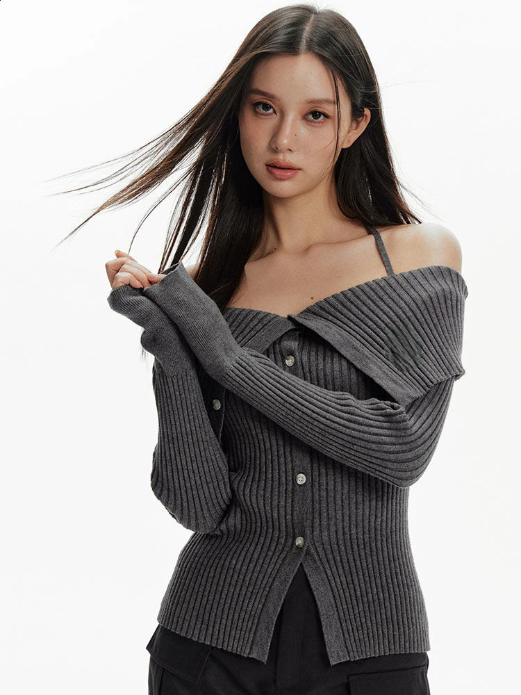 Spring Slant Neck Shoulder Womens Open Fleece Sweater Y2k Fashion Slimming Retro Bandage Strap Knitted 240821