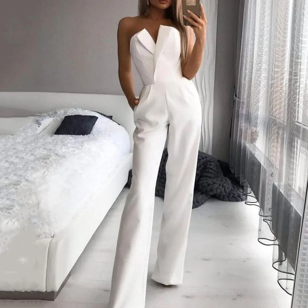 Summer Long Rompers Women Jumpsuit Elegant Strapless Summer Sleeveless Wide Leg Club Party Outfits Work 2024 White Overalls 240820
