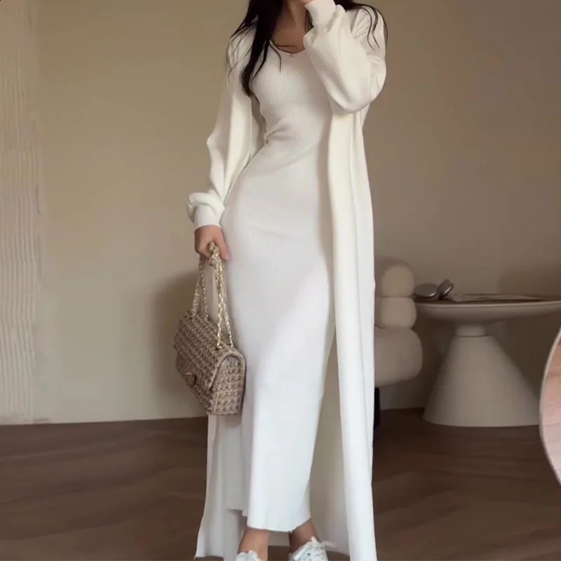 Solid Color Casual Set Womens Spring/Autumn Long Slim Fit Knitted CardiganSleeveless Tank Top Dresses Two-piece Sets 240820