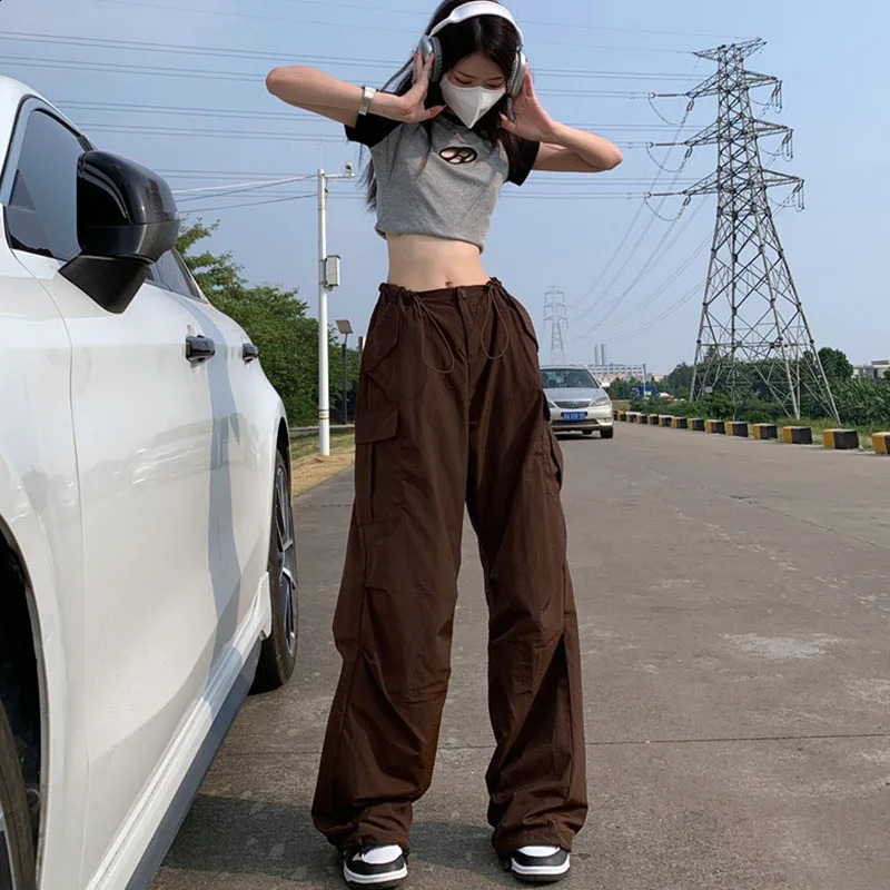 Y2K Brown Drawstring Cargo Pants Women Vintage Hip Hop Streetwear Baggy Pocket Wide Leg Trousers Summer Casual Straight 240821
