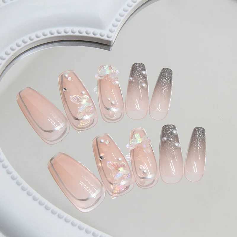 24Pcs Press on Nails Long with Designs Pink Rhinestones False Fake Nails Press On Coffin Artificial Nails for Women Stick onXJ241025