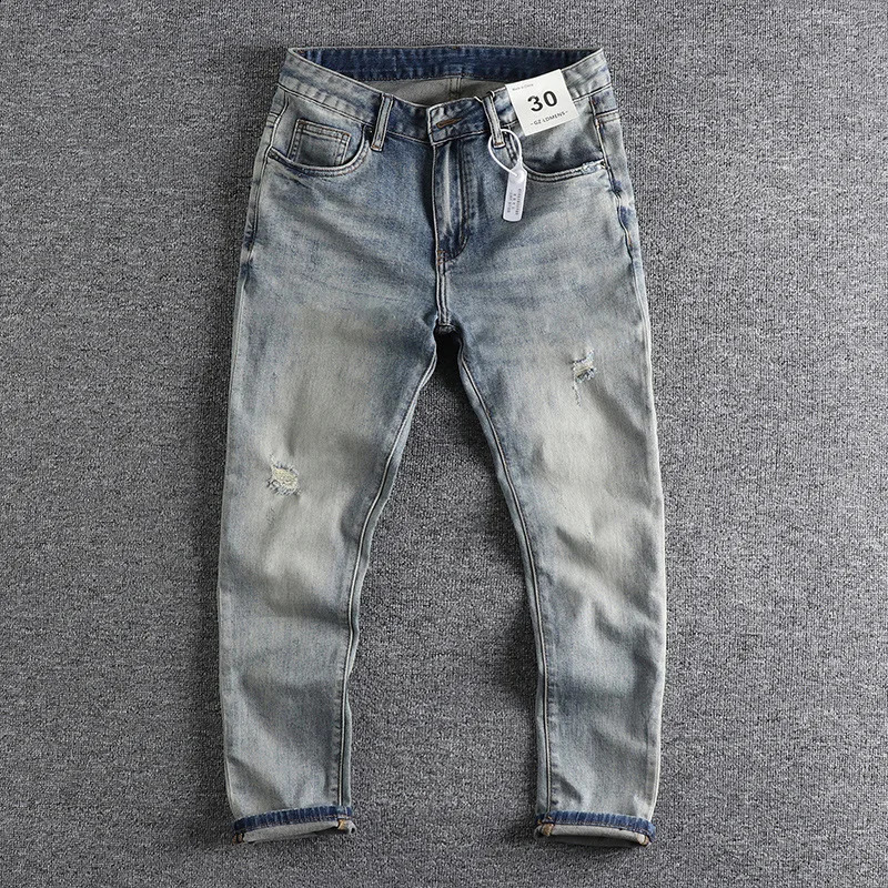 Retro Worn Looking Washed-out Ripped Jeans Mens Fashion Wear Pencil Pants Stretch Comfortable Cropped Pants 240821