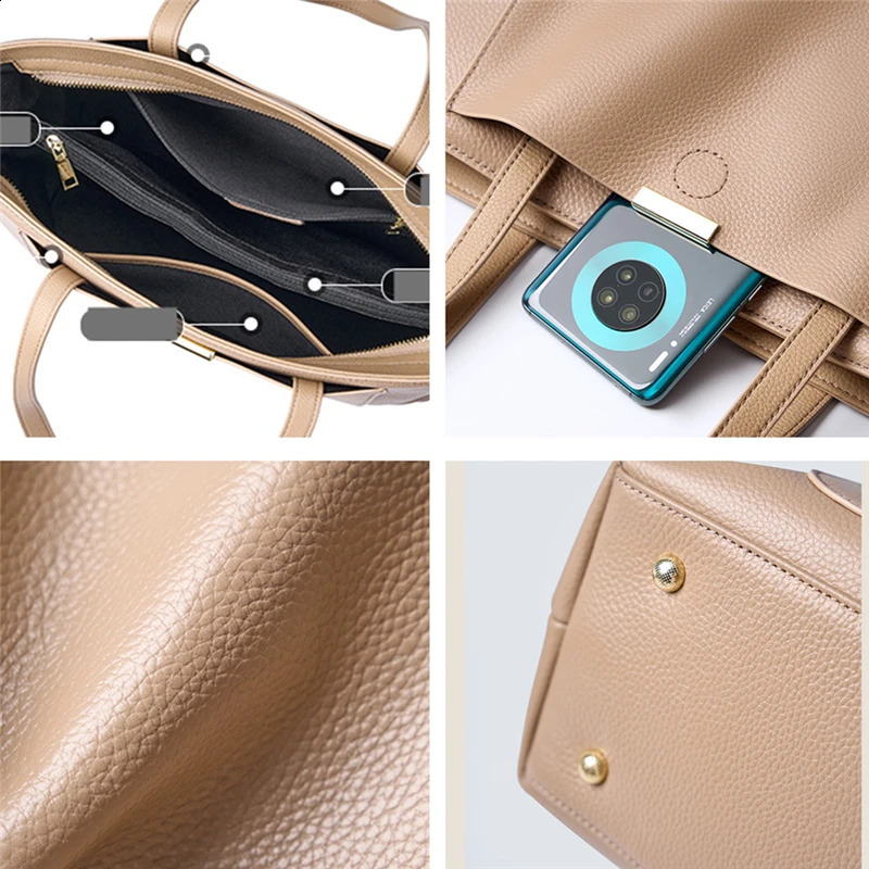 Toptrends 100% genuine leather shoulder bag for women trend ner laptop shopper handbag gray khaki 240820