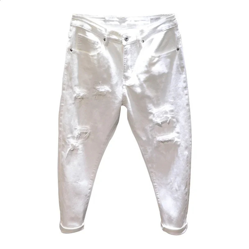 White Jeans Men All-match Fashion Ripped Hole Slim Stretch Harem Pants Comfortable Male Streetwear Denim Trousers 240821