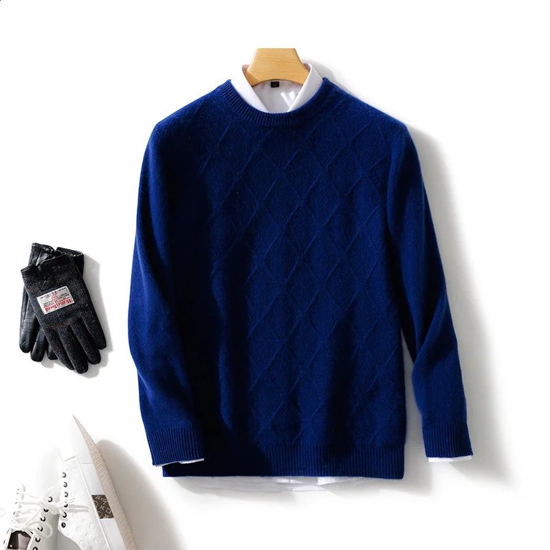 Mens O-neck Diamond Grid Pullover 100% Pure Cashmere Wool Soft Sweater Autumn Winter Casual Thick Basis Large Size Top 240821
