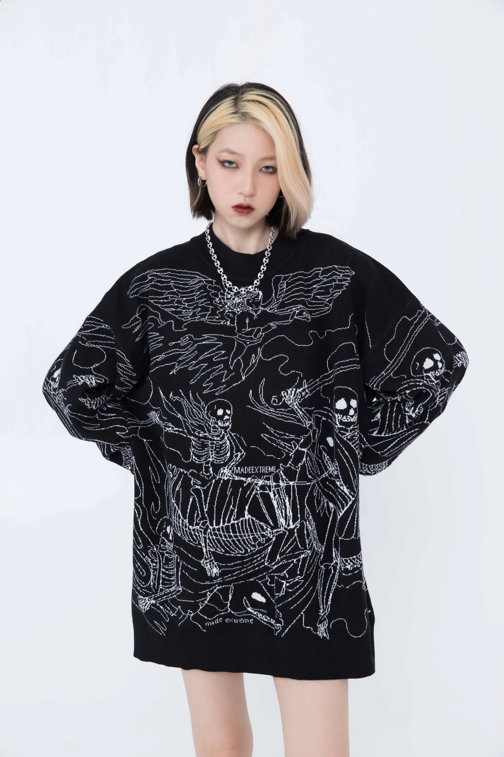 Autumn Streetwear Sweater Men Women Cotton KnitwearVintage Knitted Sweater Harajuku Ukiyo-e Style Skull Graffiti Pullover 240821