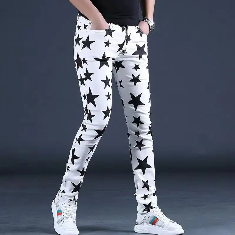 Summer Thin High Street Straight Denim Trousers Mens White Flag Print Jeans Stretch Slim Casual Five-Pointed Star Hip Hop Pants 240821