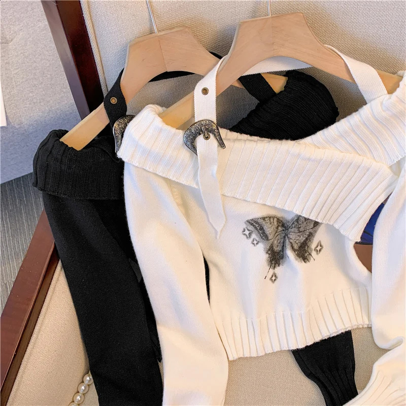 Y2k Aesthetic Butterfly Printed Top for Women Retro Casual Knitted Pulled Diagonal Collar Pendant Jumper Harajuku Grunge Sweater 90s 240821