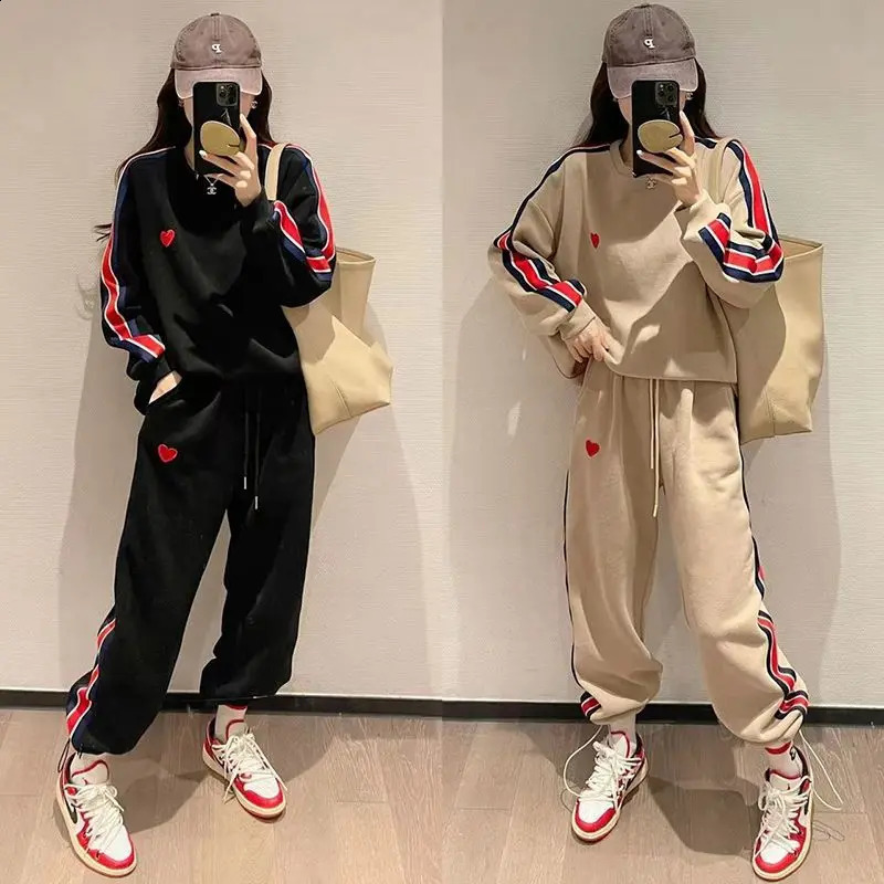 Autumn Cute Love Embroidery Pant Sets Two Pieces Tracksuits Khaki Side Striped Sweatshirt Women Girls Loose Sporty Korean Style 240820