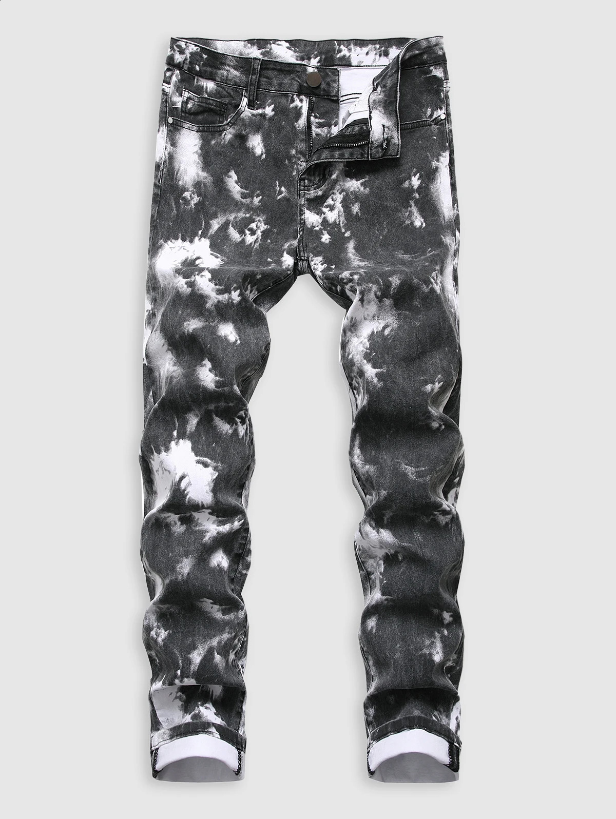Tie-dye Pattern Cuffed Stretch Jeans 240821
