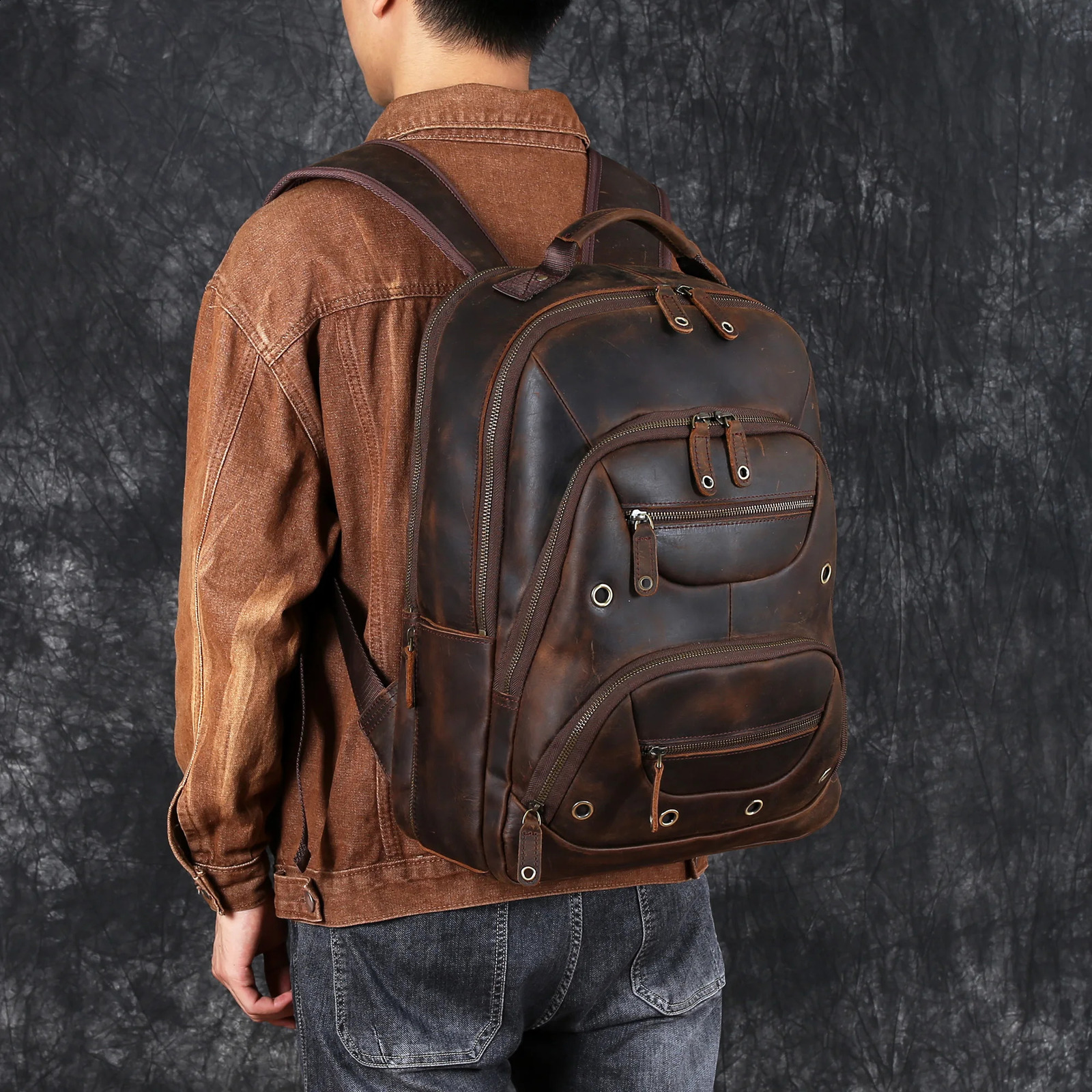 Retro leather backpack mens top denim large capacity hiking bag multilayer travel computer 240820 e97d 4