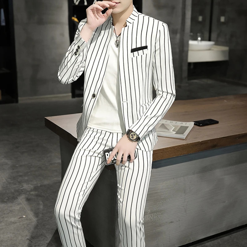 Blazer Pants Mens Fashion Business Casual Korean Version Gentleman Striped Wedding Elegant British Style 2-piece Suit 240821