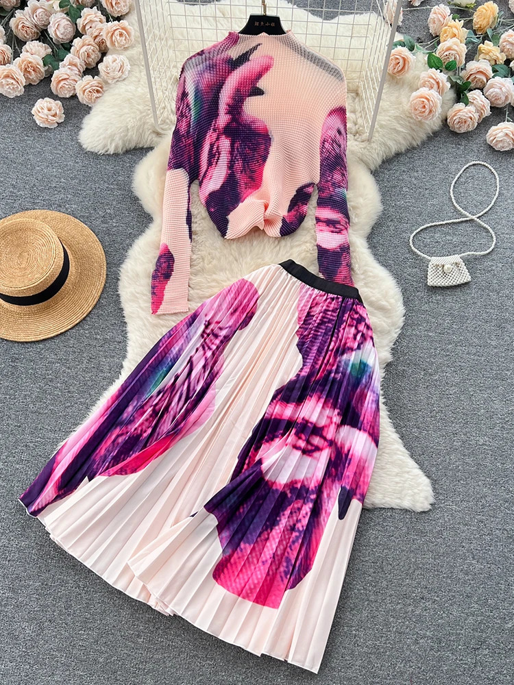 XFPV Womens Print Elastic Slim Pleated Top High Waist Pleated Half Skirt Two Piece Set Korean Fashion Spring Autumn 240820