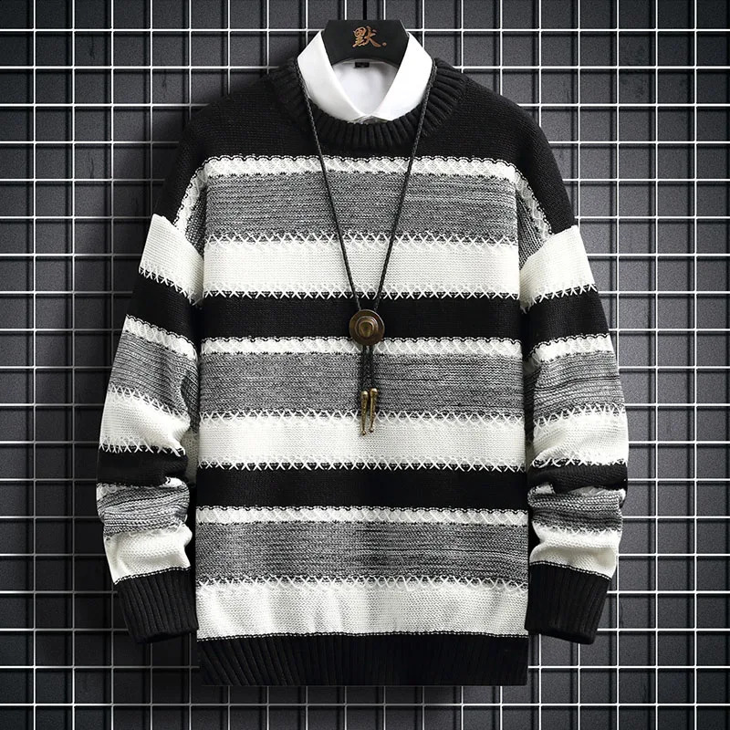 Mens Autumn Winter Pullover Mens Fashion Korean Casual Loose Striped Thicken Knitted Sweater Street Outdoor Warm Sweatshirt 240821