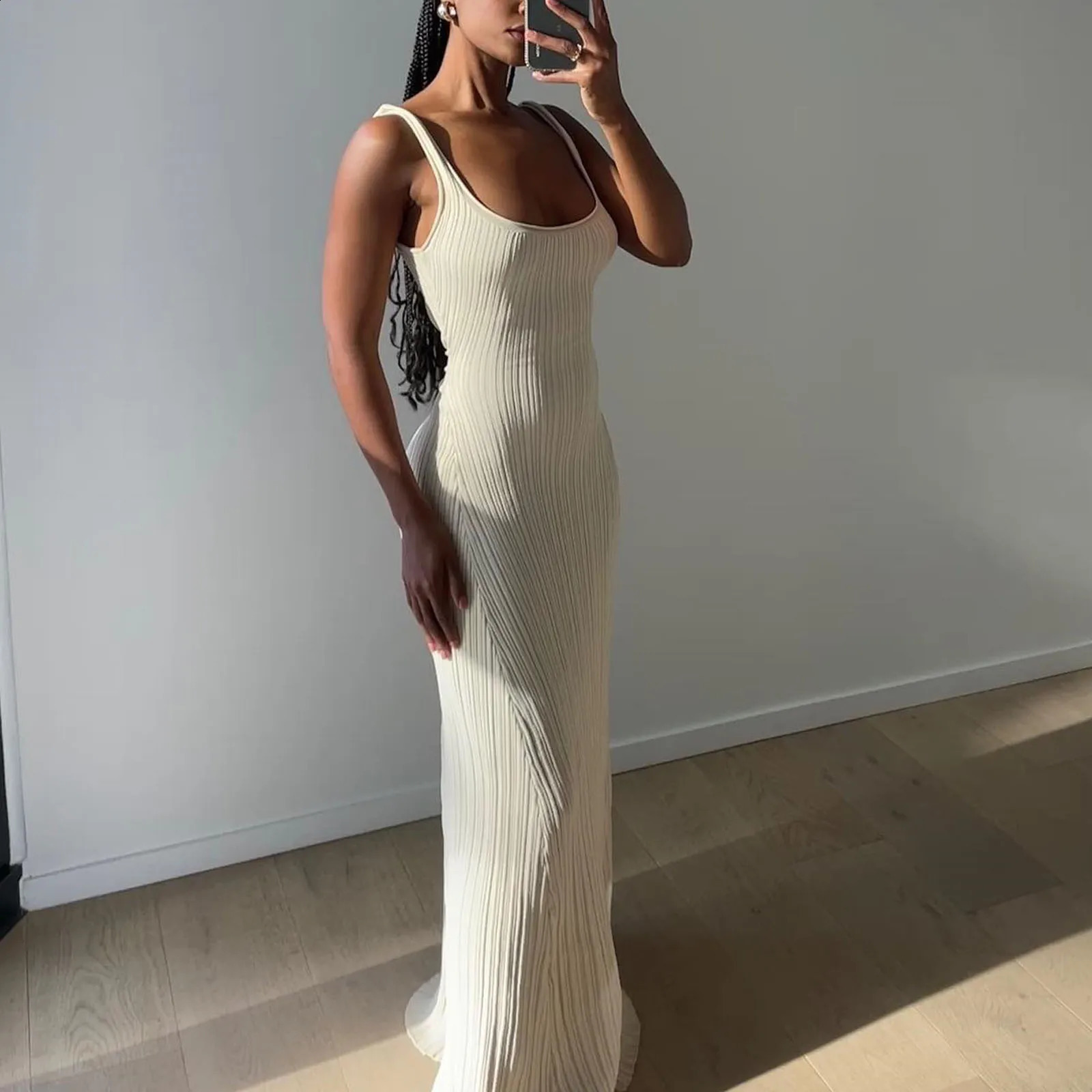 Hirigin Summer Knit Sleeveless Dress for Women V Neck Midi Bodycon Sweater Dress Casual Cut Out Front Tank Dress 2024 Trends 240821