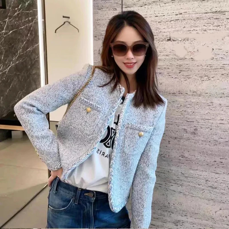 Zoki Sweet French Elegant Tweed Jacket Women Casual Long Sleeve Coat Fashion O Neck Female Outwear Tops Fall Winter 240821