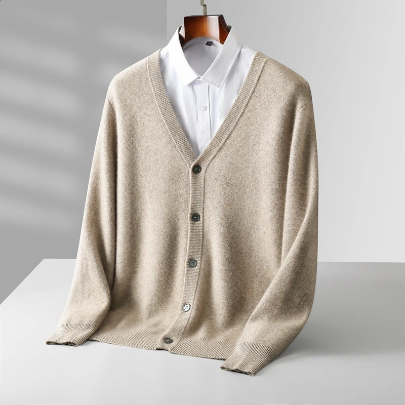 autumn and winter mens 100% pure wool knit cardigan V-neck loose business casual sweater coat 240821