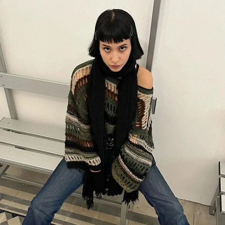 Harajuku Green Striped Lazy Knitted Top Womens Early Autumn Oneck Lace Pulling Rope Y2k Hollow Long Sleeve Sweater 240821