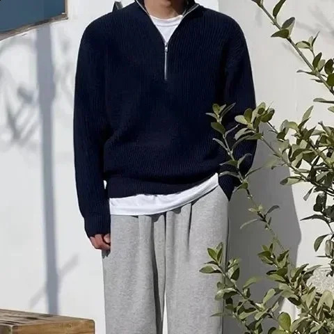 Spring Autumn Men Fashion Men Loose Half-high Collar Zipper Pullover Knitted Sweater Jacket All-match Clothing 240821