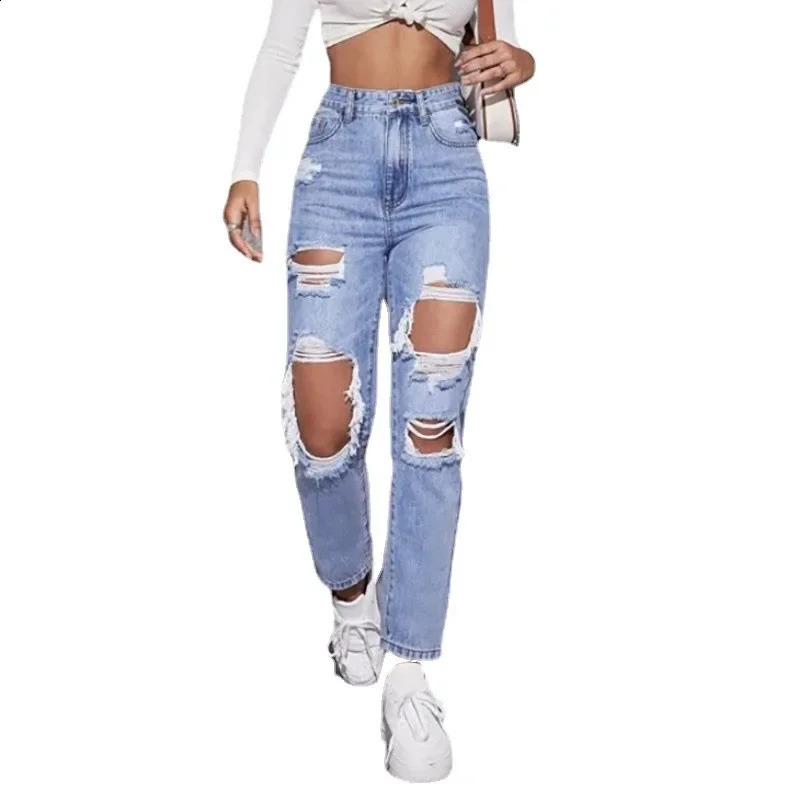 Hole High Waist Mom Jeans Flare Pants Denim Autumn Casual Long Streetwear Slim Fit Trousers Capris Baggy Jeans Women 240821