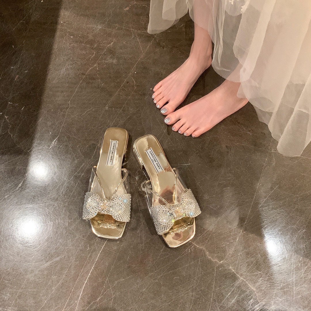 Ddmysports Su Yinyin S Same Style Fairy Min Square Ead Transparent PVC Water Diamond Butterfly Bow Flat Slippers For Women Coolers Summer OUTDOOR