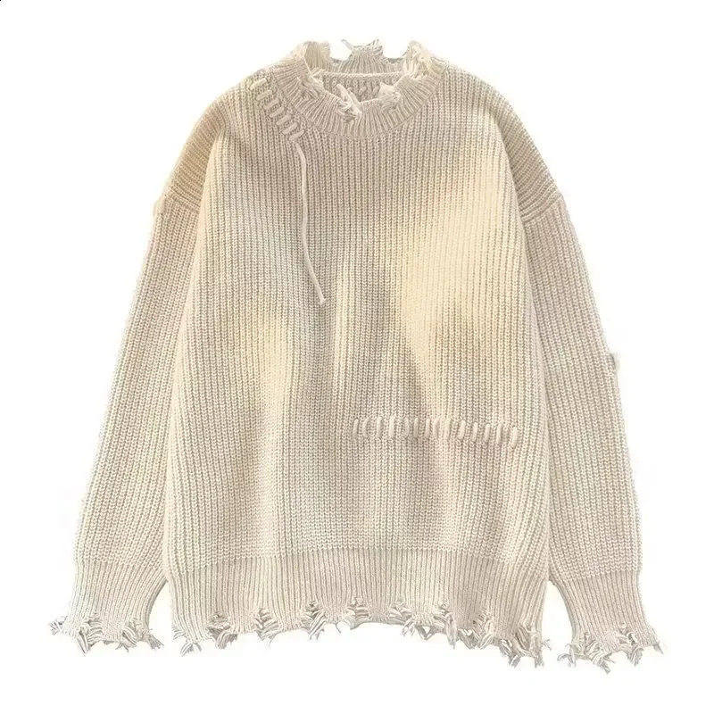 Knitted Sweaters for Men Solid Color Crewneck Man Clothes Pullovers Round Collar Plain with Holes Beige Torn Thick Winter Street 240821