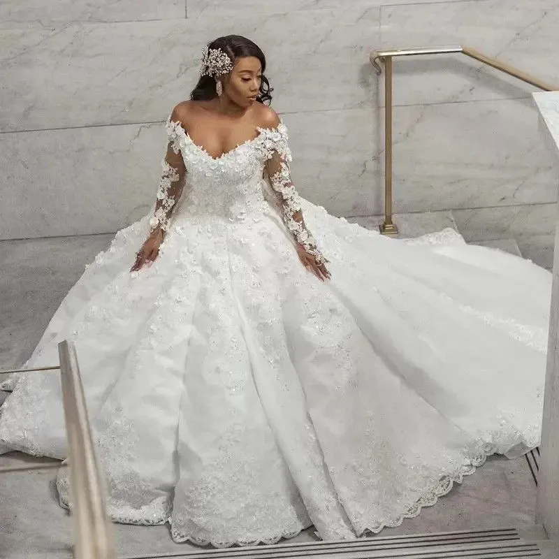 Arabic Dubai Wedding Dresses Floral Flower Lace Off Shoulder Long Sleeves Bridal Gowns Church Train Vestidos De Novia Formal Brides Dress Ball Gown