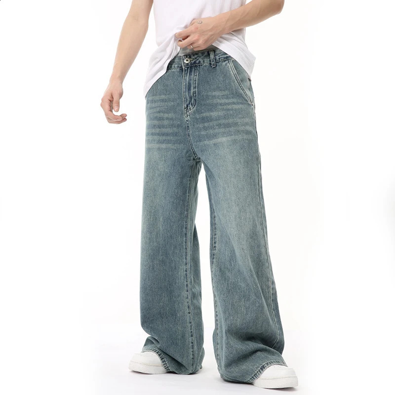 IEFB Korean Style Male Denim Pants Draping Straight Wide Leg Loose Washed Mens Casual Jeans Summer Trendy 9C6676 240821