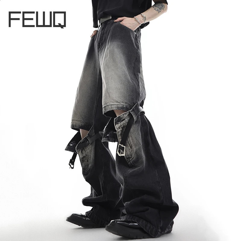 FEWQ Vintage Men Spliced Micro Flared Jeans American Style High Street Wide Leg Straight Denim Pants Summer Clothing 9A8932 240821