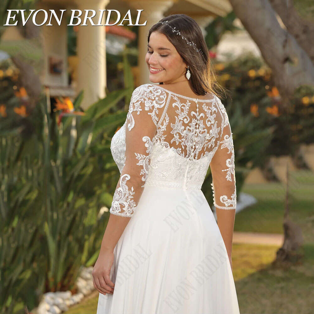 EVON BRIDAL Civil 3/4 Sleeves Wedding Dress Plus Size V-Neck Chiffon Applique Bride Gown Vestido De Novia A-e Button Back