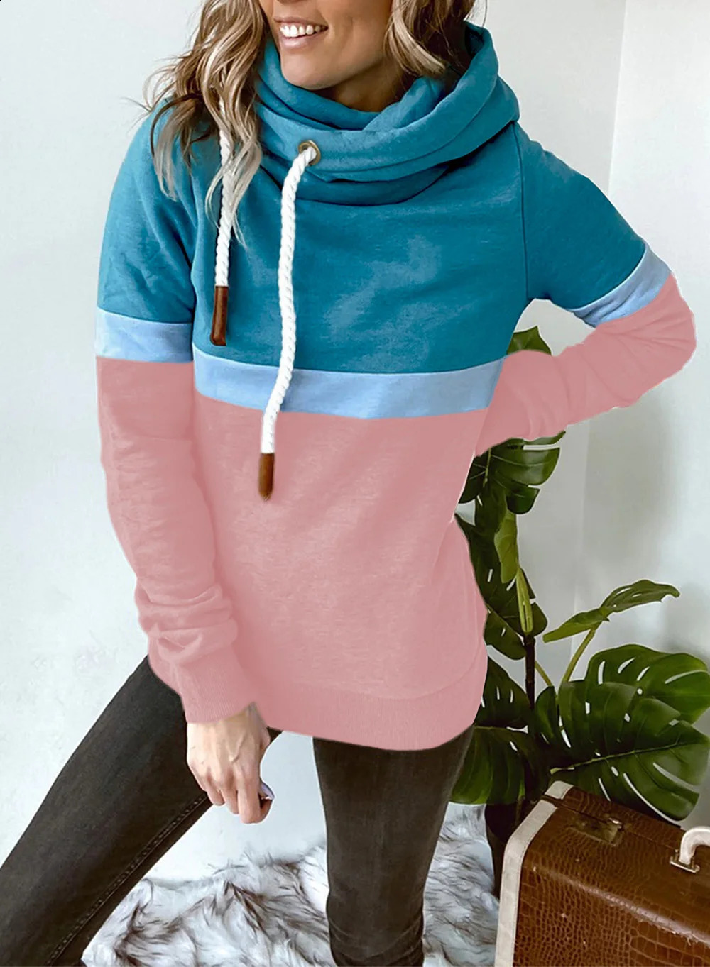 Womens sports shirt autumn and winter solid color stitching casual high neck hooded crossover womens 240821
