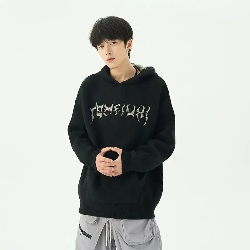 Y2k Men Sweater Graphic Print Slouchy Hooded Sweaters For Men In Winter Vintage Knit Black Sweater Trend Top Harajuku Streetwear 240821