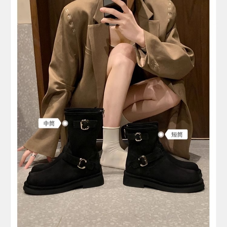 Ddmysports Grape Mom S New Motorcycle Buckle With Round Head Thick Sole Height Increasing Midsole Short Boots For Women In Autumn And Winter OUTDOOR