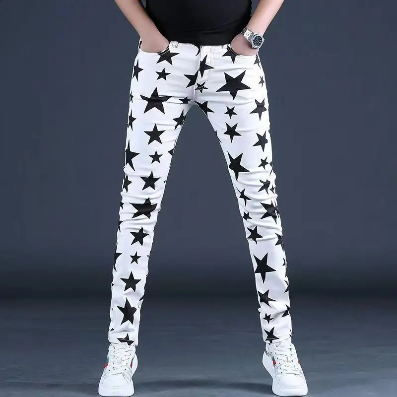 Summer Thin High Street Straight Denim Trousers Mens White Flag Print Jeans Stretch Slim Casual Five-Pointed Star Hip Hop Pants 240821
